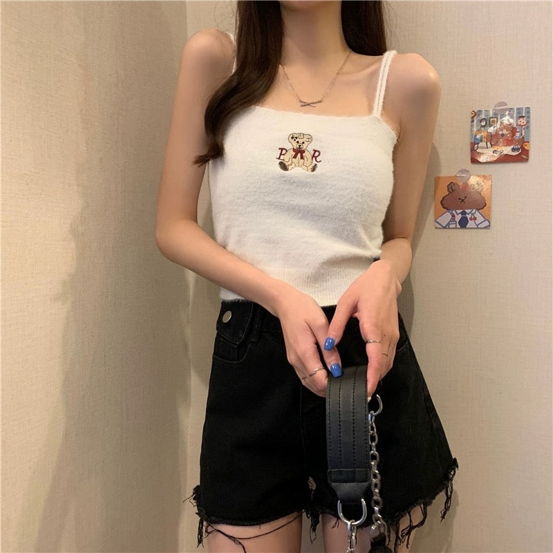 韓国風熊ちゃんミルク系2023学生ゆったりコーディネート自在怠惰ニットコート女性/熊ちゃん刺繍少女年齢制限キャミソール女性夏服デザイン甘いニットインナーショート丈番号ZT464