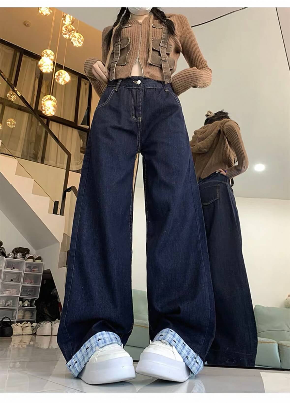 チェック折り返しワイドデニムパンツ|ハイウエストストレートジーンズ
