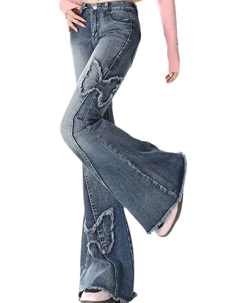 蝶刺繍ダメージフレアデニムパンツ レディース ハイウエスト美脚 ヴィンテージ個性ワイドパンツ