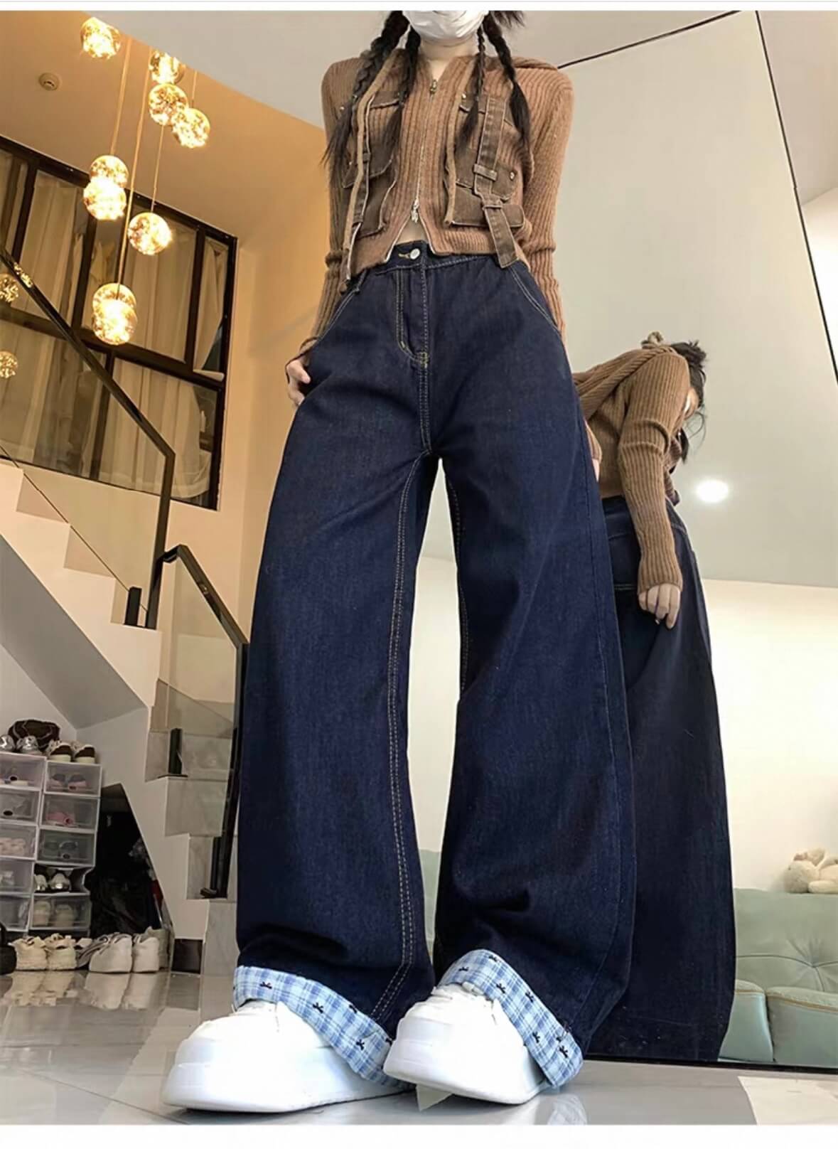 チェック折り返しワイドデニムパンツ|ハイウエストストレートジーンズ