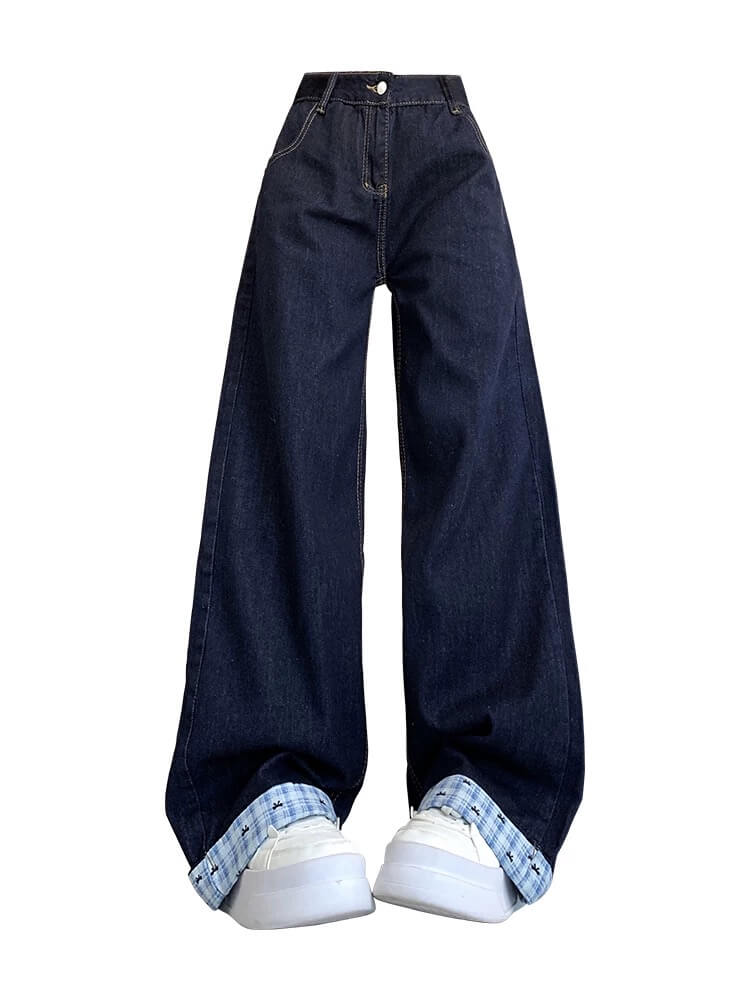 チェック折り返しワイドデニムパンツ|ハイウエストストレートジーンズ