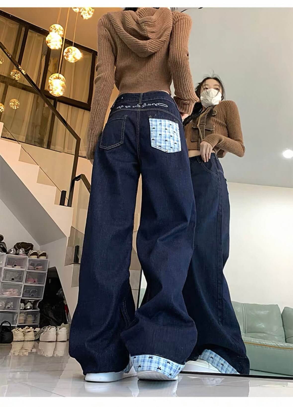 チェック折り返しワイドデニムパンツ|ハイウエストストレートジーンズ