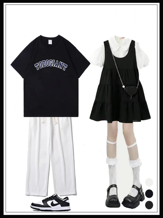 夏アメリカ風レトロストリートブラック半袖Tシャツ/ 2023年夏新作少女スイートなパフスリーブ上着+小柄な仙女ワンピース女番号ZT250
