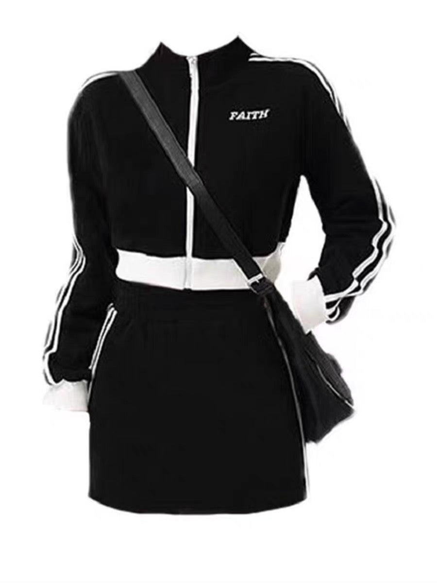 アメリカンストリートbf風ゆったりヴィンテージ野球服トレンドinsジャケットコートカップル春秋oversize/スポーツ風インパクトカラー3本のバーショートタイプパーカーコートスカート秋冬ギャル着痩せ2点セット番号ZT600