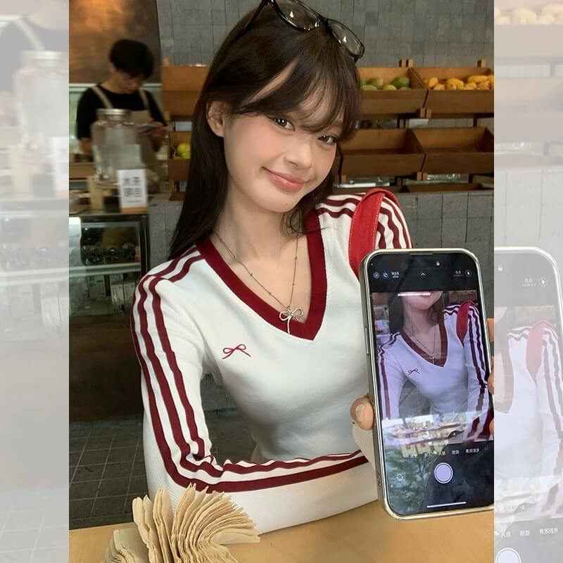 スタイリッシュストライプVネック長袖Tシャツ 女性用スポーツカジュアルトップス/スタイリッシュなワイドフィットスポーツパンツ 男女兼用ストライプデザインカジュアルパンツ番号ZT710