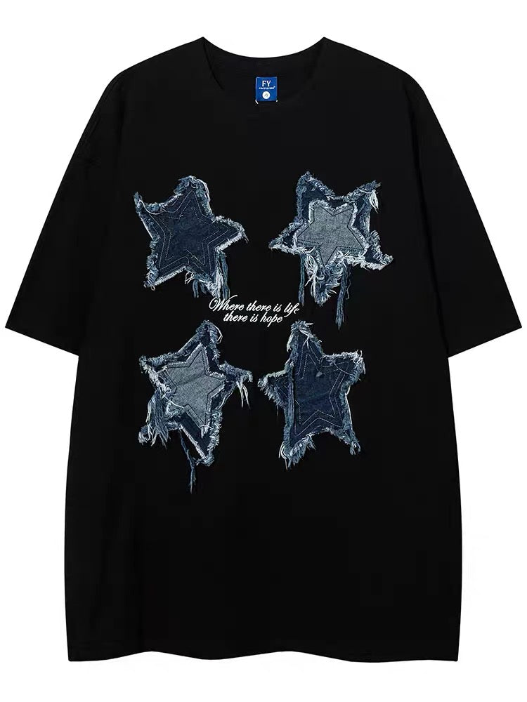 アメリカ風トレンドブランドパッチ五角星半袖Tシャツ男女ゆったりデザインカップル半袖/番号ZT585