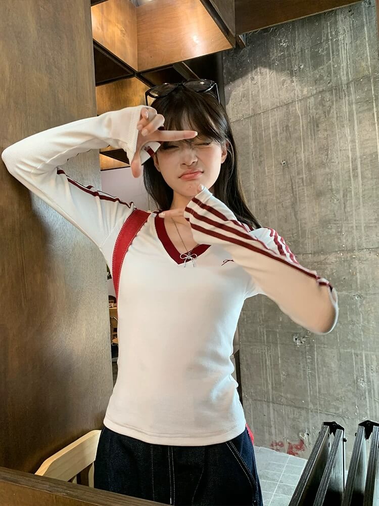 スタイリッシュストライプVネック長袖Tシャツ 女性用スポーツカジュアルトップス/スタイリッシュなワイドフィットスポーツパンツ 男女兼用ストライプデザインカジュアルパンツ番号ZT710