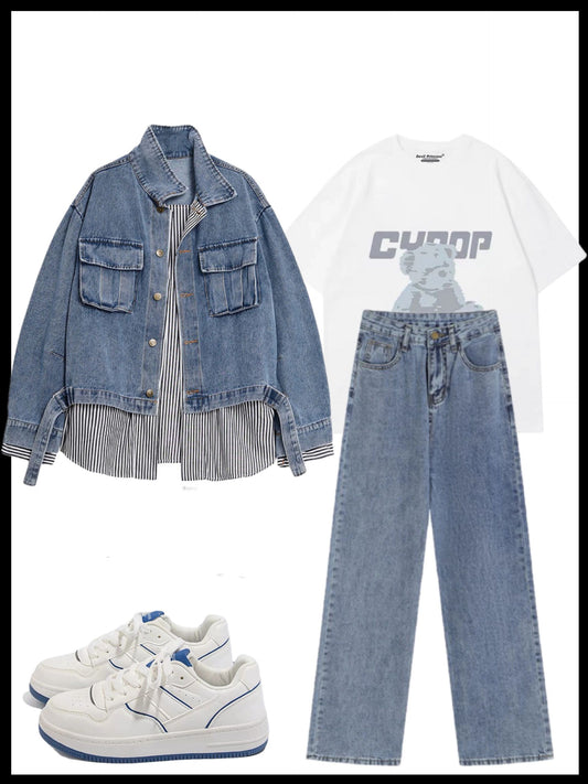 レディースブルーデニムジャケットレディースストライプ切替ジャケットフェイクレイヤード/熊ちゃん半袖Tシャツレディース新作insトレンドアメリカ風ゆったりトレンド夏純綿カップル上着/ハイウエストワイドレッグジーンズ女性新作着痩せ高ドレープ感ゆったりストレートパンツ番号ZT343