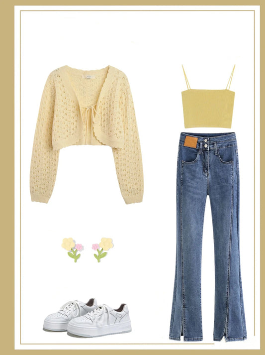 レース付ショートタイプタンクトップセクシーキャミソールアプリコット透かし編ニット長袖夏/ショートタイプ細いキャミソール女性2023スリム着痩せインナーウエストZT356