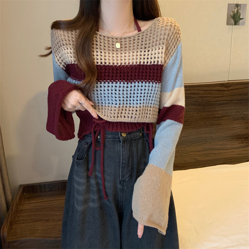 春秋透かし彫り長袖ニットシャツ首掛けキャミソール女性二点セットデザインセンスミニ甘ギャルセット番号ZT617