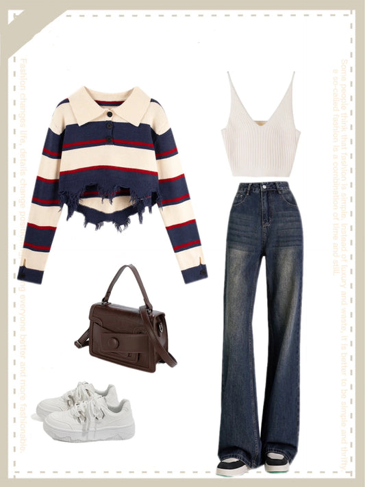 アメリカ風のビンテージボーダーセーター上着女性初秋の香りが良い高級感のあるショート丈ニットシャツ/ホワイト深Vネックニットキャミソール番号ZT313