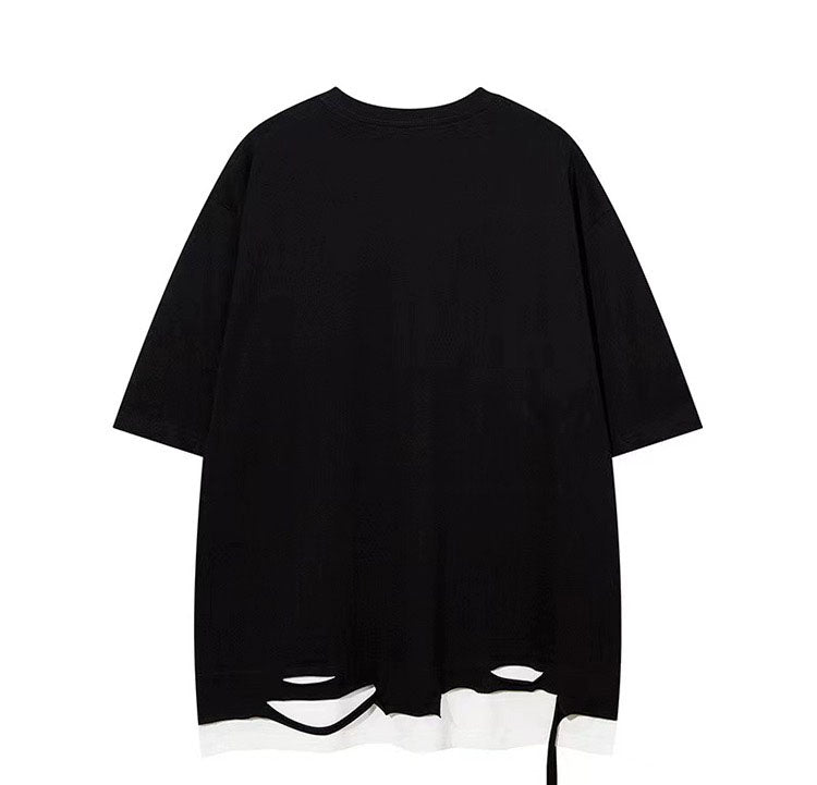 アメリカンヴィンテージフェイクレイヤード穴あきネックレス半袖Tシャツoversizeコーディネート自在のTシャツ/タンクトップワンピース女夏スリムギャザーミニブラックスカート背中見せキャミソールヒップスカート番号ZT348