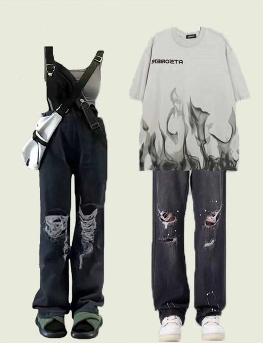 ヒップホップ半袖原宿風焼印カジュアルストリートダンスゆったり格好良いカップル綿半袖Tシャツ/夏高街アメリカ風ビンテージウォッシュ加工古い墨塗り穴あきジーンズ男性ゆったりストレートヒップホップパンツ番号ZT376