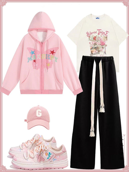 バタフライパーカーカーディガン女性2023春新作ゆったりbfアメリカンヴィンテージコートinsトレンド/アメリカンヴィンテージフラワープリント半袖Tシャツ新作スイートでゆったりしたカップルTシャツ番号ZT438