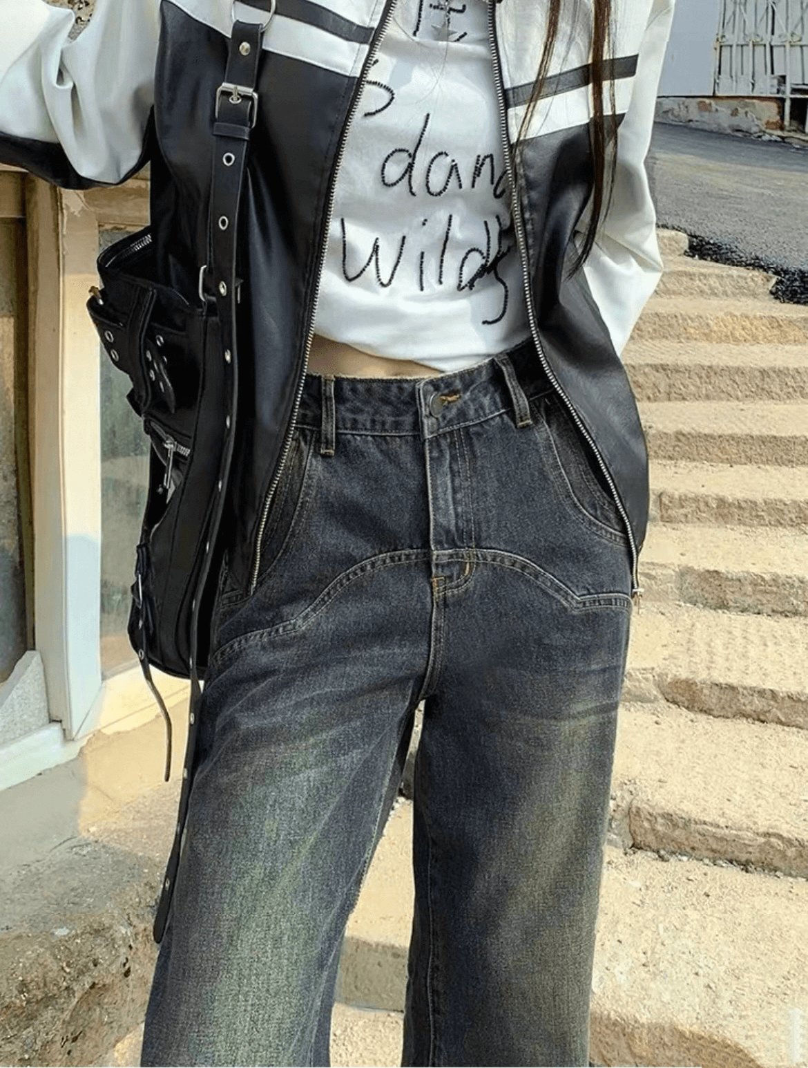 マルチカラーのパッチワークゆったりニットTシャツ/ハイウエストゆったりヴィンテージデニムパンツ番号ZT717