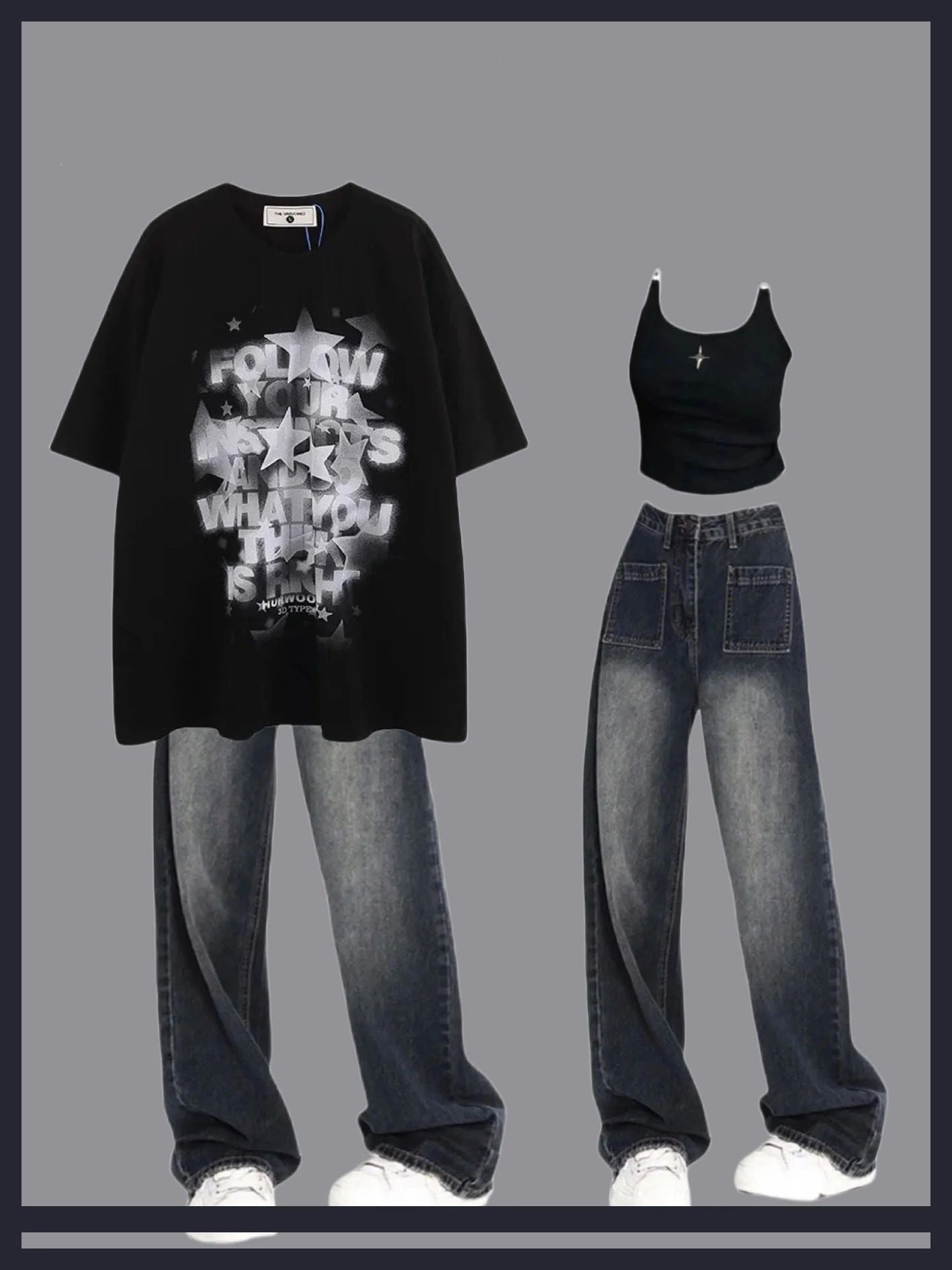 2023星柄プリントアメリカンヴィンテージ半袖oversizeカップル半袖Tシャツ夏/夏ブラックキャミソールタンクトップ女性セクシースリムショートタイプタイトなインナー甘ギャル風/2023年新作着痩せハイウエストワイドレッグパンツ番号ZT349