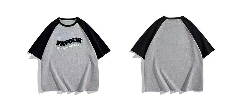 2023夏アメリカンヴィンテージカレッジ風カップルTシャツ/2023夏グレーのコントラストカラーワンピース番号ZT367
