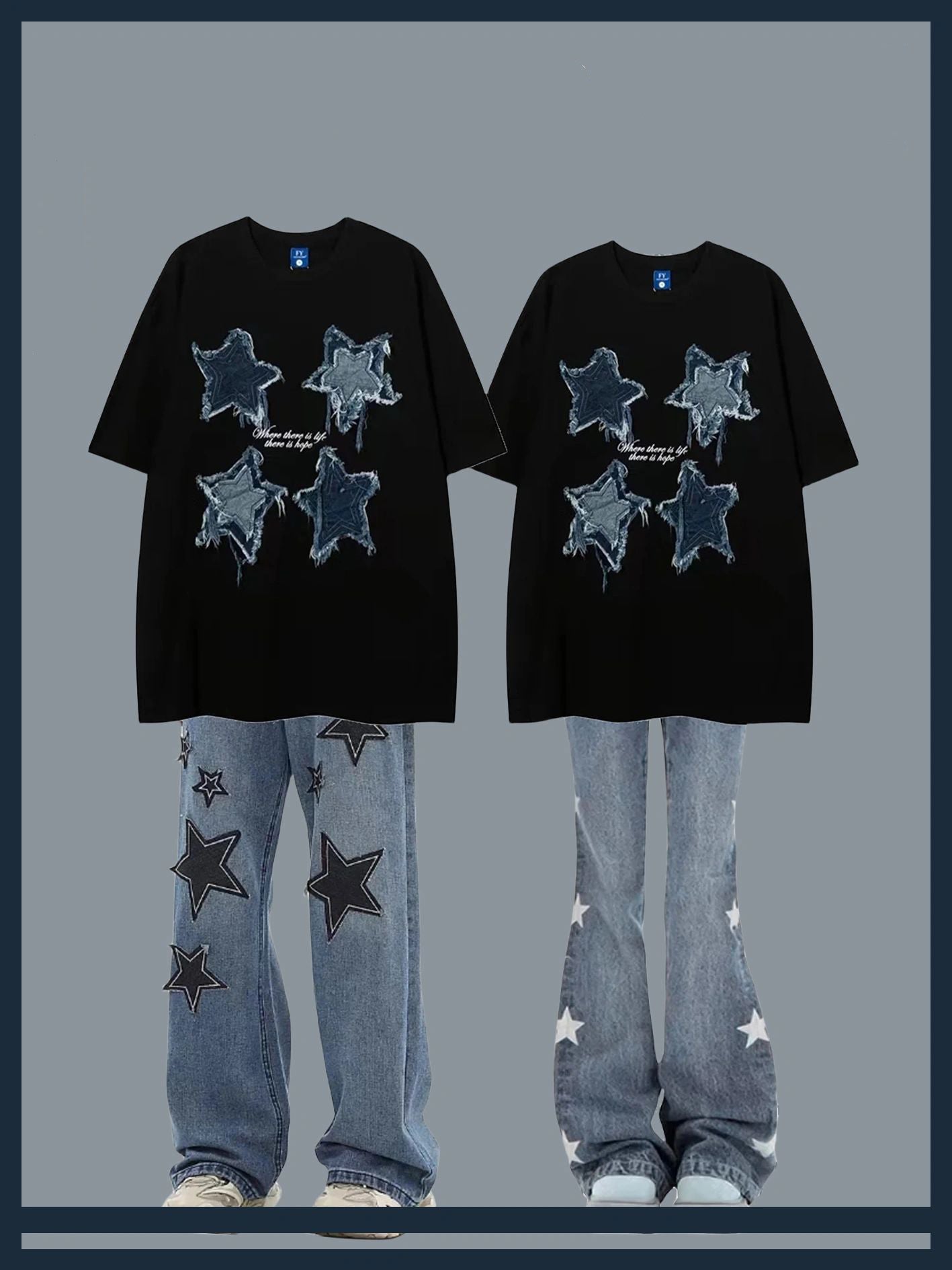 アメリカ風トレンドブランドパッチ五角星半袖Tシャツ男女ゆったりデザインカップル半袖/番号ZT585