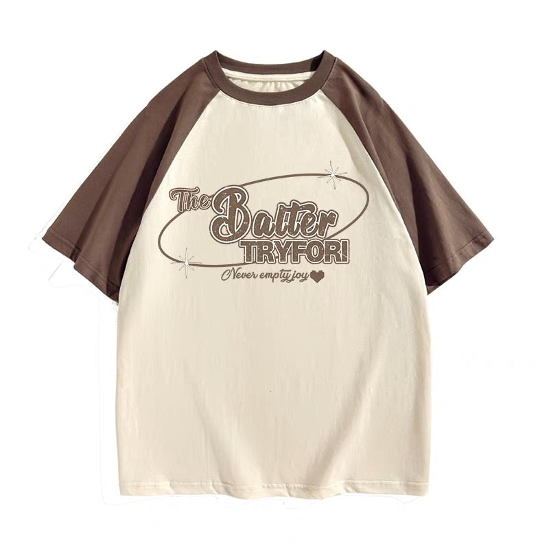 アメリカ式の切り替えカラー半袖Tシャツカップル夏ラグラン袖純綿半袖ゆったりサイズ学生用上着/2023夏カレッジ風ワンピース番号ZT366