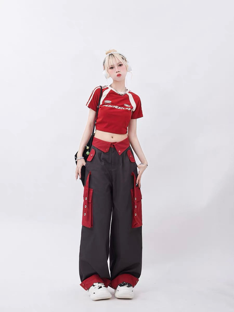 アメリカ復古アルファベットで作られた古い野球服男女トレンドブランドvintageワインレッドジャケットコート/ ラグランショートタイプ半袖Tシャツ女性夏正肩アメリカ式甘辛デザイン感若者向けのスリム純綿上着/カーゴパンツ女性夏アメリカ風ストリートhiphopフラップ大きいポケット混合色デザインストレートパンツトレンド番号ZT552