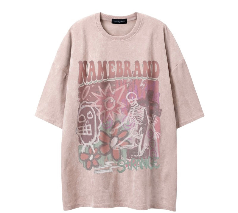 夏アメリカンヴィンテージゆったりカップル半袖Tシャツ/夏フレンチ甘辛ショート丈トップス/夏アメリカ風ピンクカーゴカジュアルパンツ着痩せワイドパンツ番号ZT159