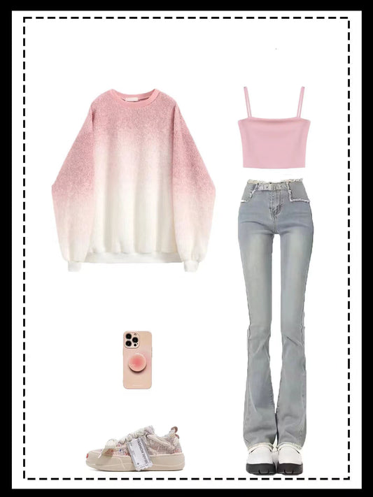 グラデーションピンクスエードコートミドルロングタイプゆったりとしています/一字平口キャミソール女夏/淡い色のビンテージマイクロジーンズ女性秋ギャルデザイン感ハイウエストスリムストレッチ着痩せスリムフレアパンツ番号ZT324