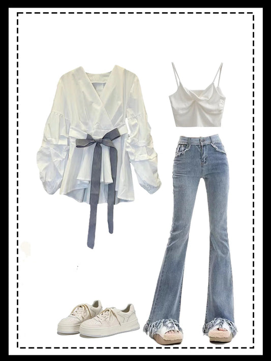 フレンチリボンウエストシェイプパフ袖Vネックホワイトシャツ女性2023早秋デザイン長袖上着/夏ストレッチマイクロフレアパンツレディースストレッチハイウエストドレープスリムパンツ番号ZT269