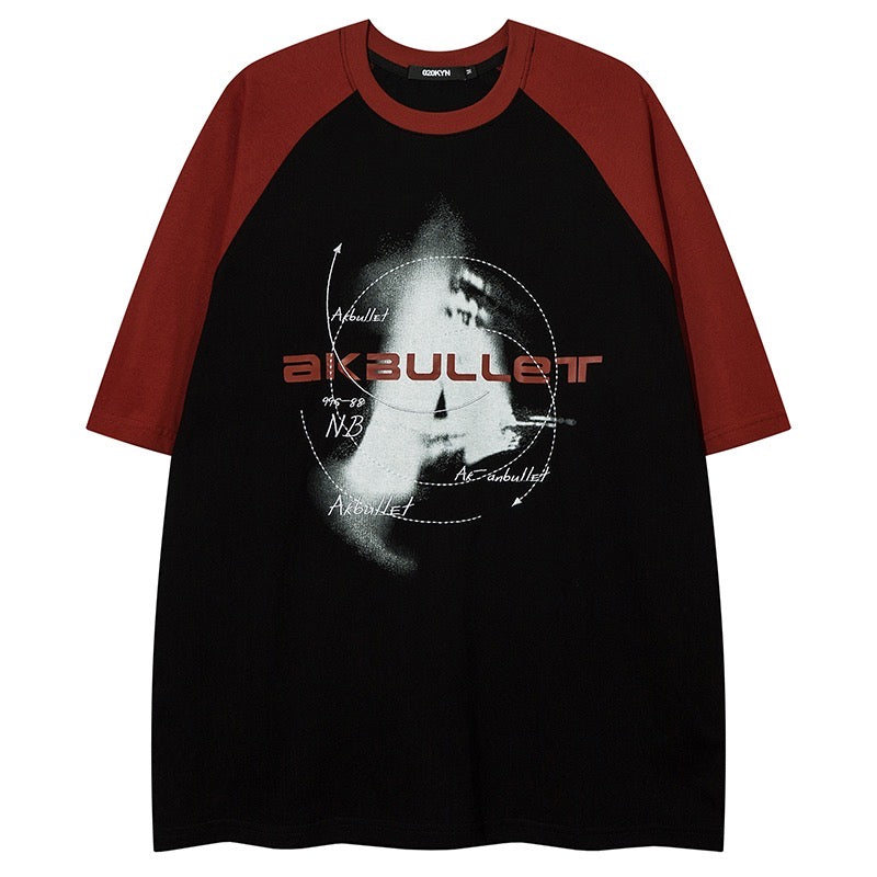 切替落書きアルファベット刺繍カジュアルラグランTシャツ男女bf風純綿半袖 アメリカ風復古アルファベットプリント半袖Tシャツ女性夏ギャルスリム着痩せおへそ出し上着番号ZT126