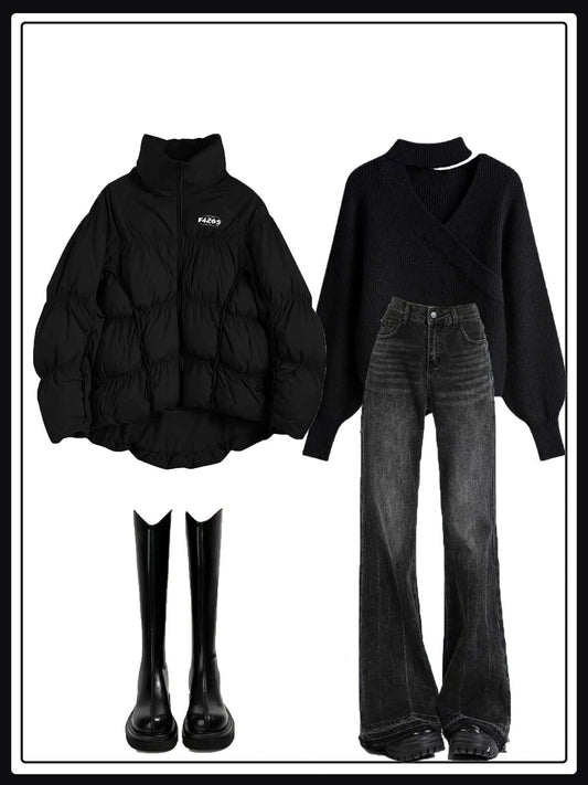 カップルヒップホップ街頭ゆったり不規則分割ギャザー綿冬服 vネックホルターネックセーターレディースショートタイプインナー秋冬2023年新作デザイン感覚ニッチニットブラック上着 ブラック毛辺マイクロフレアパンツレディース秋ストリート着痩せストレートワイドスリムロングパンツZT653