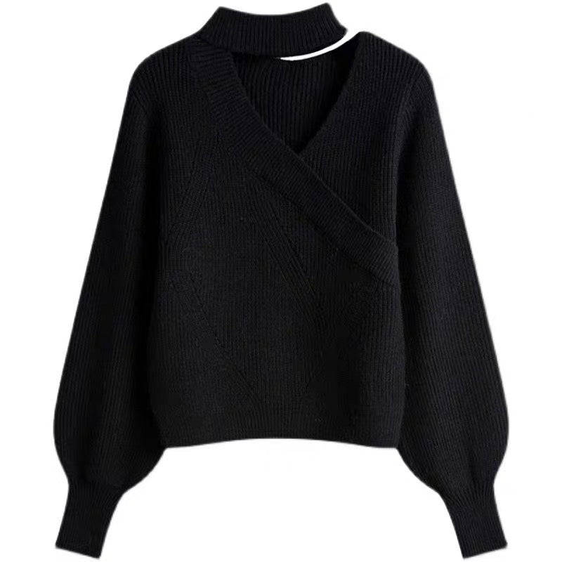 カップルヒップホップ街頭ゆったり不規則分割ギャザー綿冬服 vネックホルターネックセーターレディースショートタイプインナー秋冬2023年新作デザイン感覚ニッチニットブラック上着 ブラック毛辺マイクロフレアパンツレディース秋ストリート着痩せストレートワイドスリムロングパンツZT653