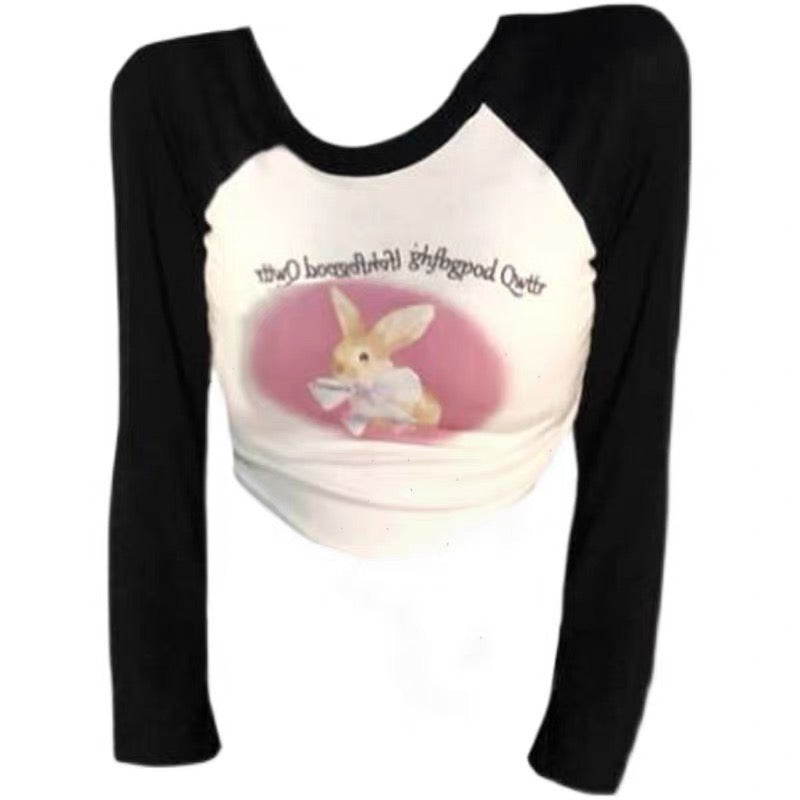アメリカンネックレス長袖Tシャツ男女秋oversizeゆったりカジュアル上着 微太ったオーダーメイド甘辛ウサギプリント長袖Tシャツ女性サイズデザインギャルスリムショートタイプへそ出し上着番号ZT479