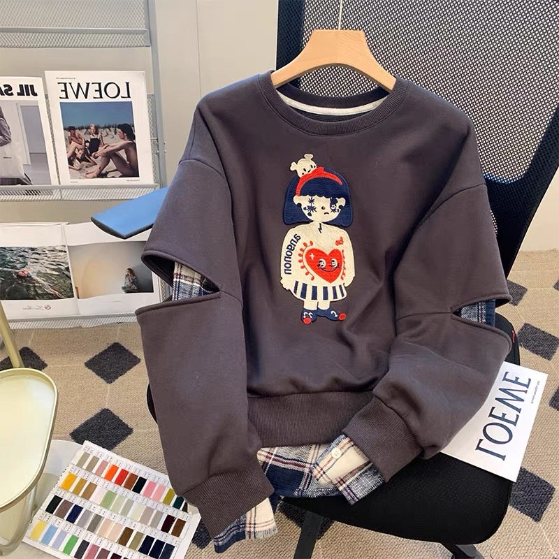 小柄な方特有のお悩みを解決するニットカーディガンセーターコート女性春秋服韓国風やさしく着るダダ風ゆったりパーカ フェイクレイヤードパーカーレディーアメリカンヴィンテージoversize可愛いミルクfufuデザイン感覚パーカー切り替えシャツ番号 ZT579
