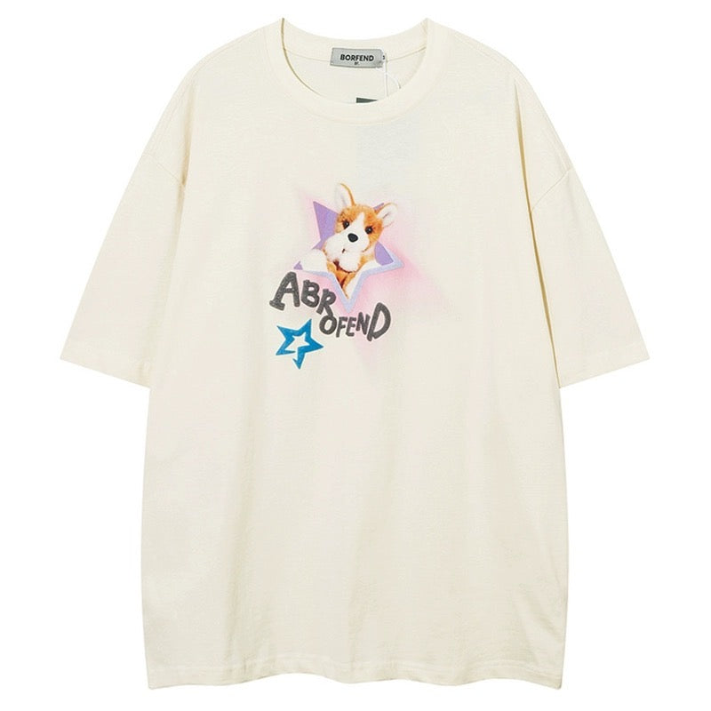 ドーパミン可愛い星子犬プリント半袖Tシャツ女性ファッションブランド甘クール風ギャルゆったり半袖夏番号ZT217