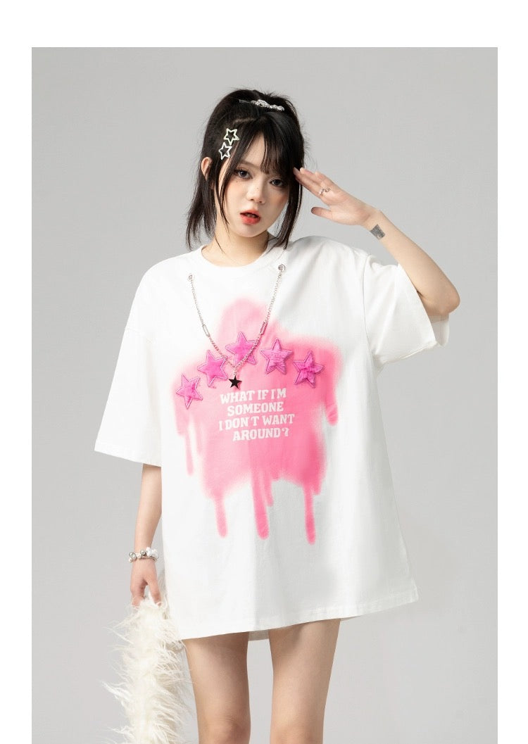 星にじみ発泡プリントTシャツ女性夏純綿半袖 高街ビンテージピンクカーゴパンツ古い切りっぱなし穴あきジーンズ男女小衆ゆったりパンツ番号ZT221