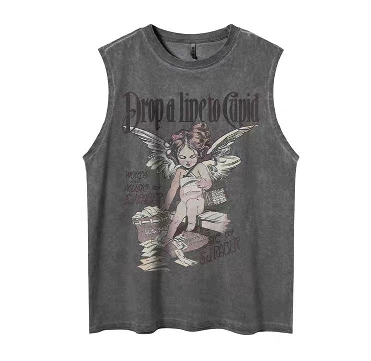 欧米復古の天使プリント丸首タンクトップTシャツ番号ZT223