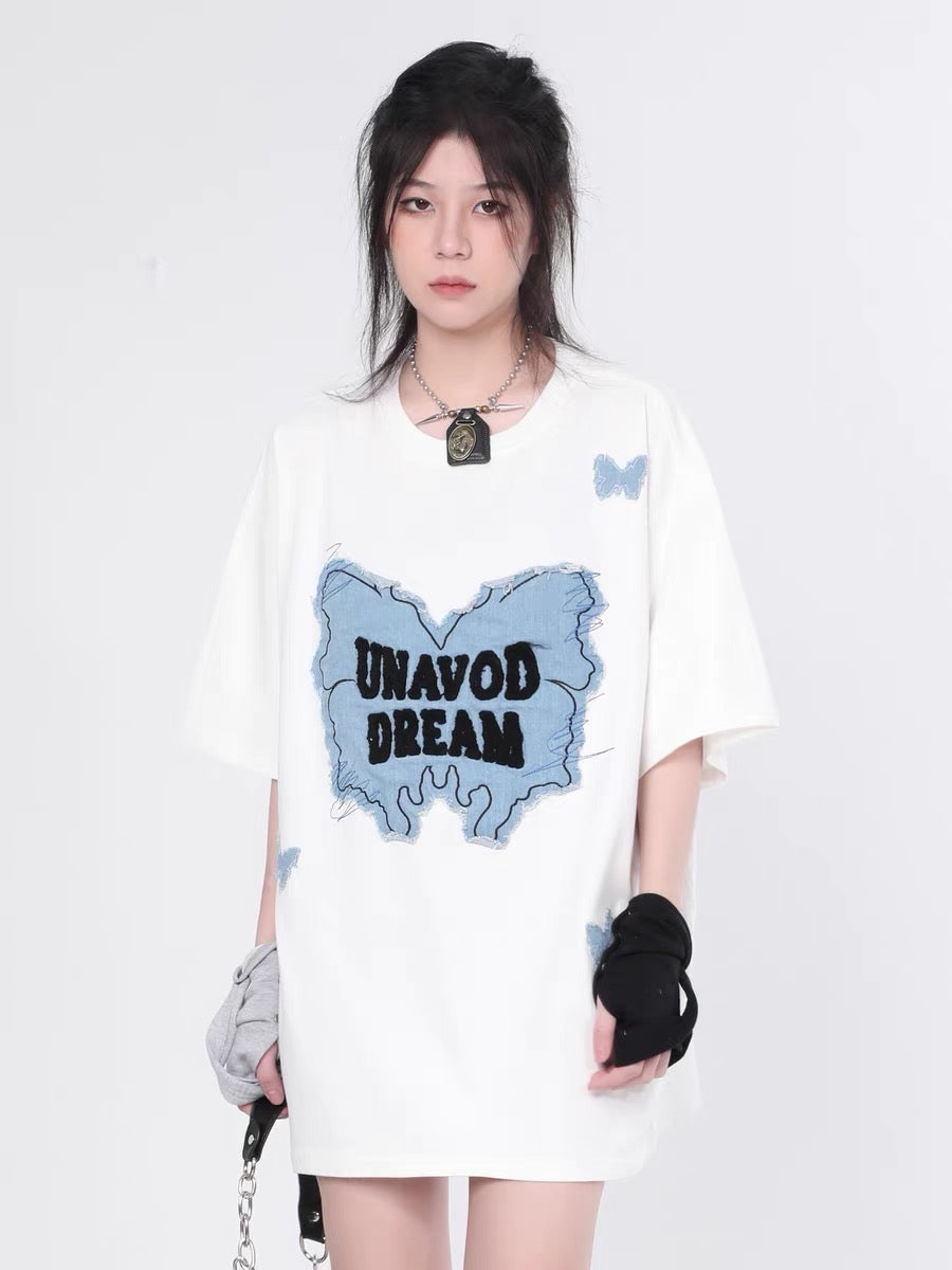アメリカ式蝶々パッチ半袖Tシャツ男女ゆったりデザイン感カップル半袖上着番号ZT225