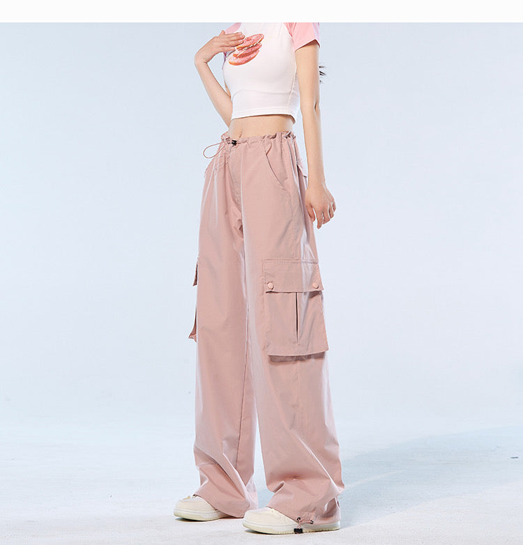 アメリカ風ビンテージ混合色のスカルタンクトップ男女ストリートoversize汚れたピンクのカップルTシャツ 薄手速乾ドレープ感パンツ女性夏lisa同タイプピンクカーゴパンツ番号ZT230