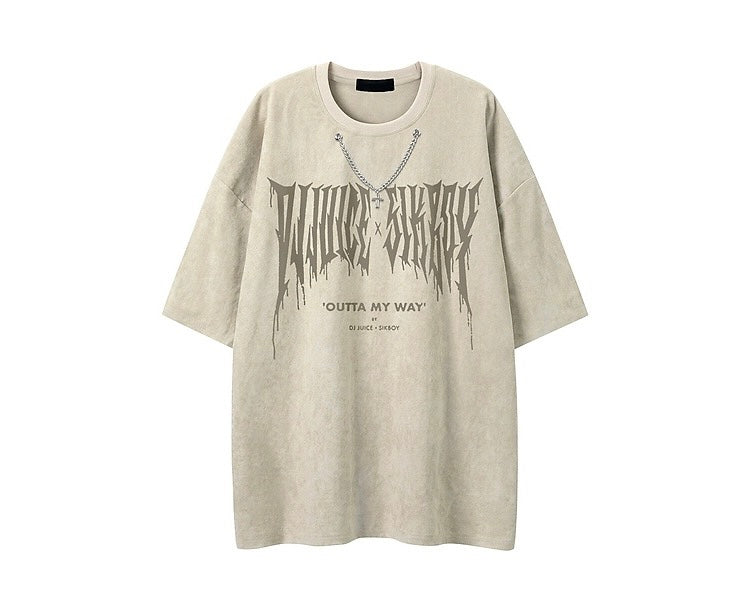 欧米復古ゴシック文字スエード半袖Tシャツ女性ゆったりカップルコーディネート自在上着番号ZT238