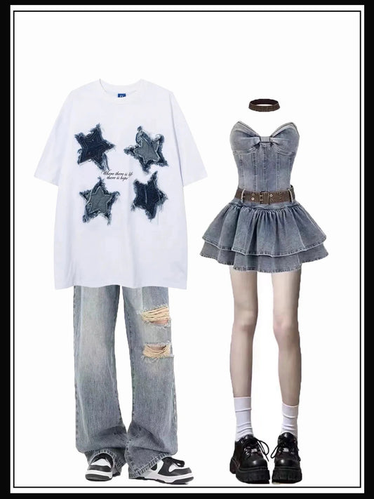 欧米風スタージーンズパッチスポーツ半袖Tシャツ夏ins純綿半袖番号ZT254