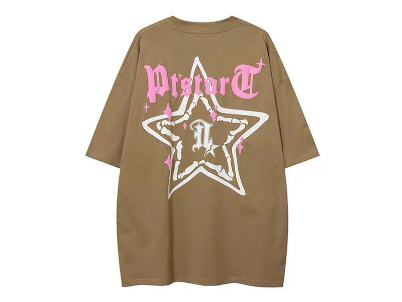 アメリカストリートペンタゴンプリント半袖Tシャツ夏コーディネート自在oversizeペアトップス番号ZT245