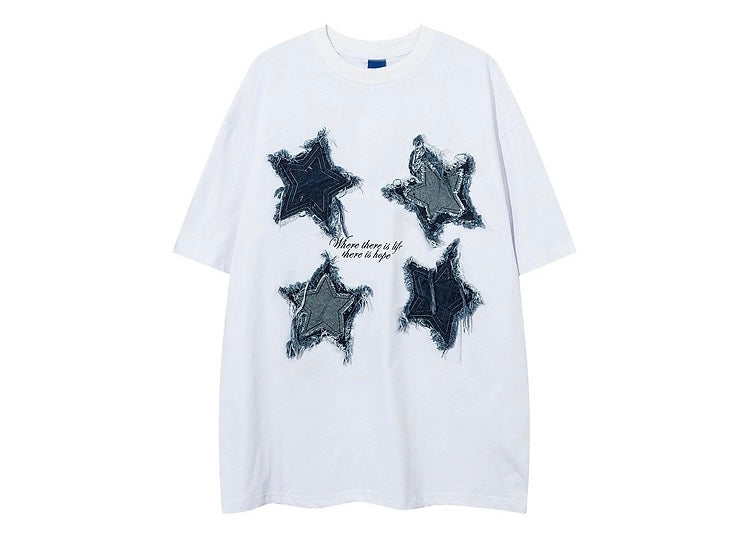 欧米風スタージーンズパッチスポーツ半袖Tシャツ夏ins純綿半袖番号ZT254