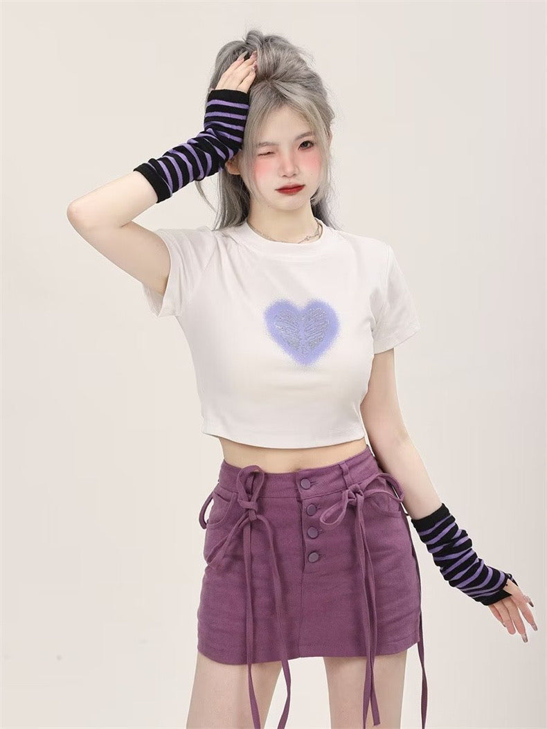 アメリカ風甘辛正肩半袖Tシャツ純綿へそ出し半袖上着 カーゴパンツ女性夏複数ポケット編上げ飾り気だるいコーディネート自在カジュアルパンツ番号ZT257