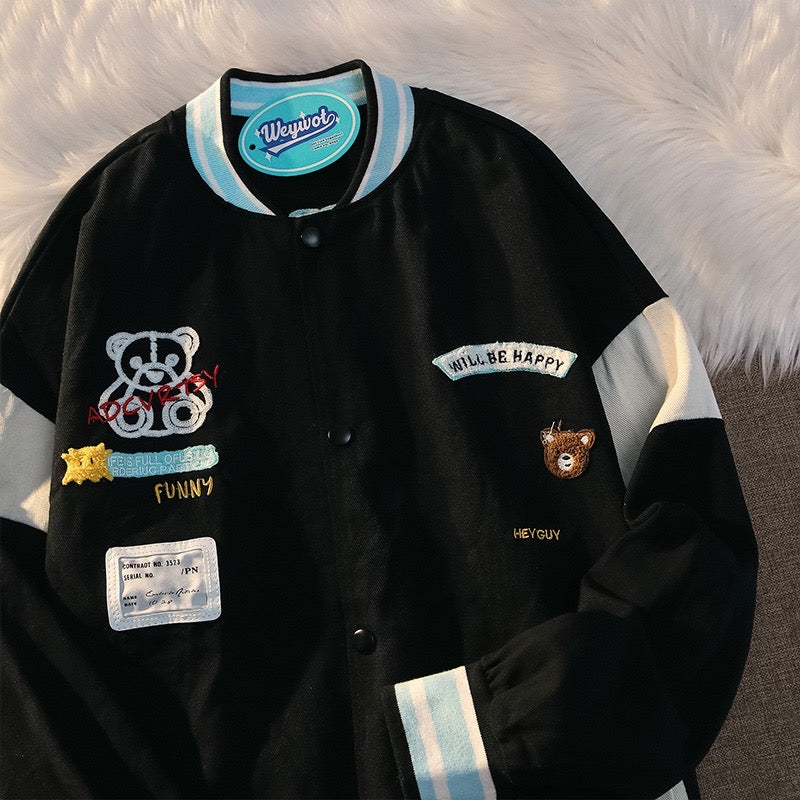 熊ちゃん混合色野球服学院風ジャケットコート アメリカンヴィンテージウォッシュ復古長袖TシャツBFパーカー ハイウエストのワイドレッグデニム細見せドレープ感のあるゆったりストレートパンツ番号ZT46