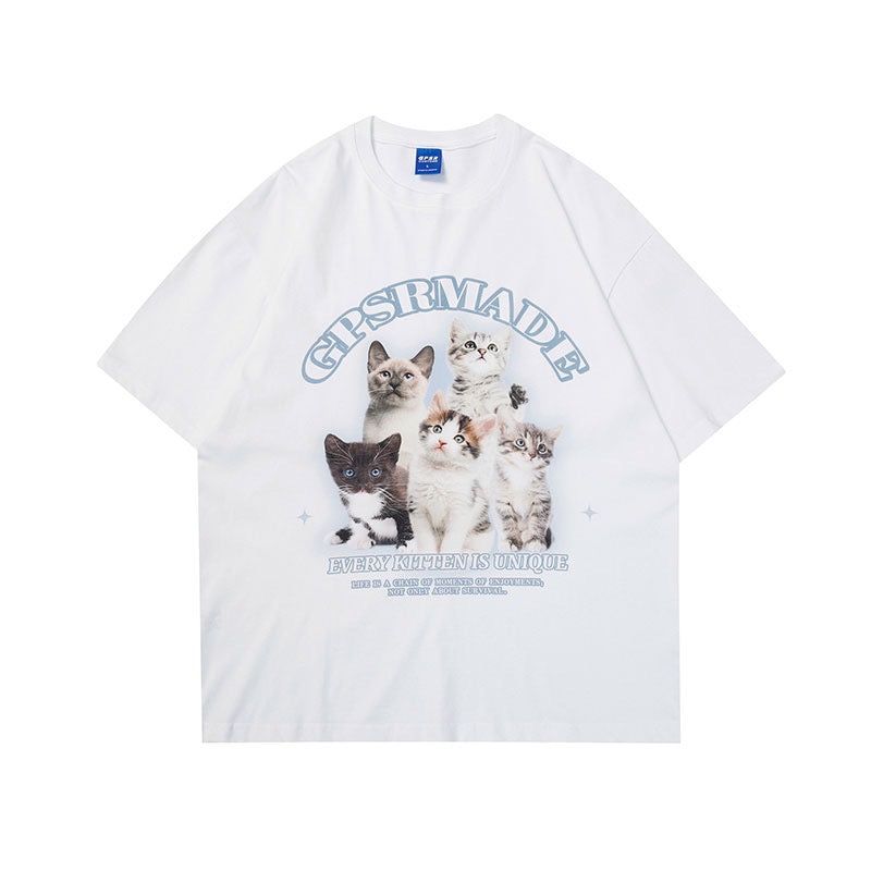 アメリカンヴィンテージカジュアルスタジャン可愛い猫プリント半袖Tシャツカジュアルカップルタイプラウンドネック上着夏服ハイウエストドレープ感ストレートワイドパンツ番号ZT47