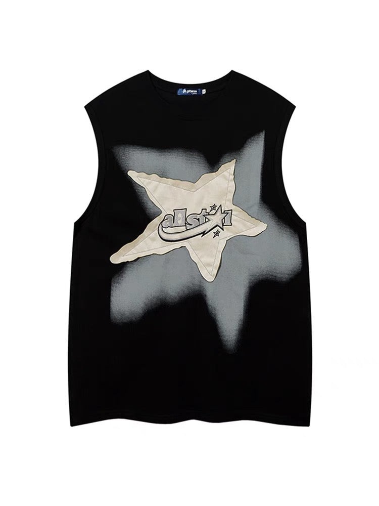 アメリカンヴィンテージ星星ノースリーブTシャツ男女夏ゆったりコーディネート自在タンクトップ アメリカンヴィンテージワイドレッグジーンズ女性春夏デザイン感ハイウエストストレートパンツ番号ZT291