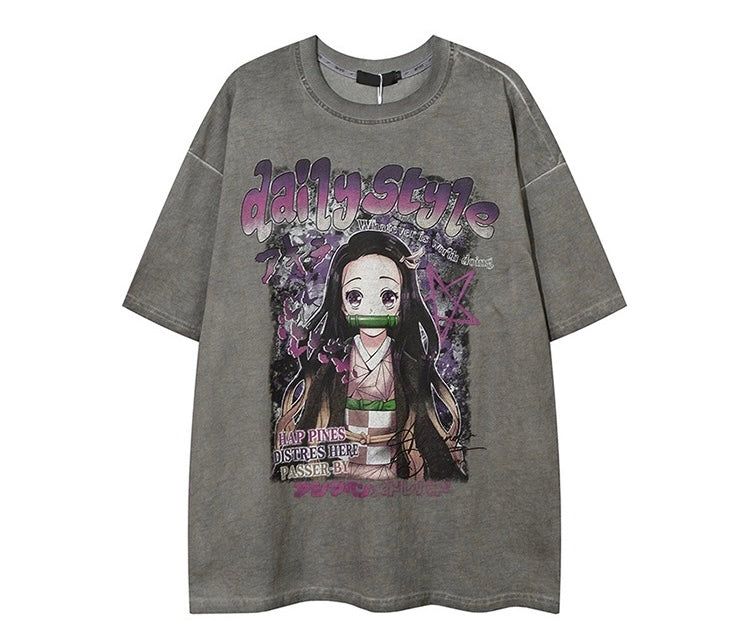 二次元少女の水洗い古い半袖アメリカンストリートヒップホップカップルteeシャツダークブラック系ビンテージTシャツ パープル正肩半袖Tシャツ女夏2023新作セクシー純欲甘ギャルスリム着痩せショートタイプ上着番号ZT310