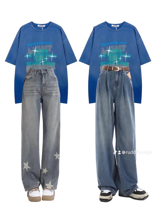ウォッシュ加工旧絞り半袖Tシャツカップルvintageグラデーション半袖男女ヒップホップ番号ZT315