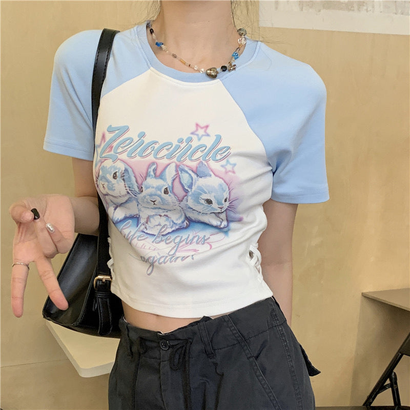 漫画プリント半袖Tシャツ女性夏2023新作甘辛スリム上着 夏新作insアメリカンヴィンテージ切り替えゆったりラウンドネック純綿Tシャツ半袖 ビンテージウォッシュ加工ジーンズデザイン感夏ゆったり着痩せストレートパンツ番号ZT64