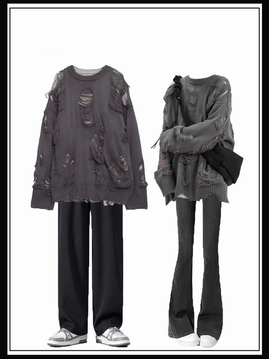 サブカルチャー孔透かし空フェイクレイヤードニットシャツプルオーバーセーター番号ZT345