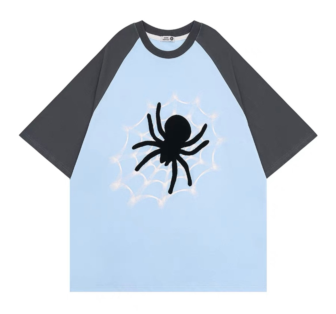 アメリカ風復古ストリートクモ刺繍プリントTシャツ男女ゆったりカップルカジュアル半袖上着夏 y2kタイプ星付きデニムショートパンツレディースハイウエスト着痩せホットパンツ番号ZT363